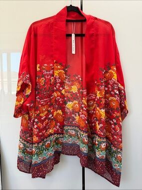 Olrain Red Floral Kimono Jacket